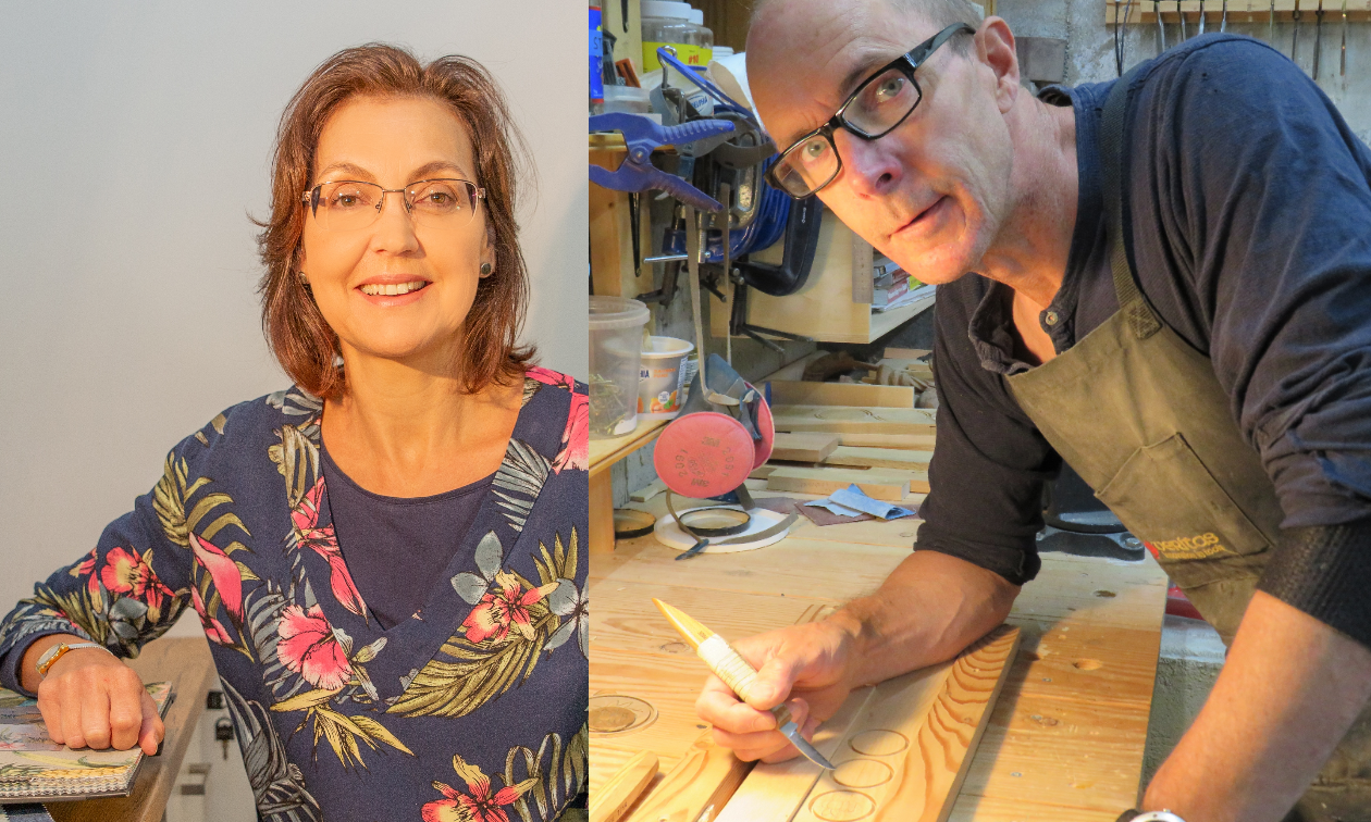 Charmain Bibby smiles, wearing glasses and a blue shirt with red flowers. Mike Bibby carves into a piece of wood on a work bench. 