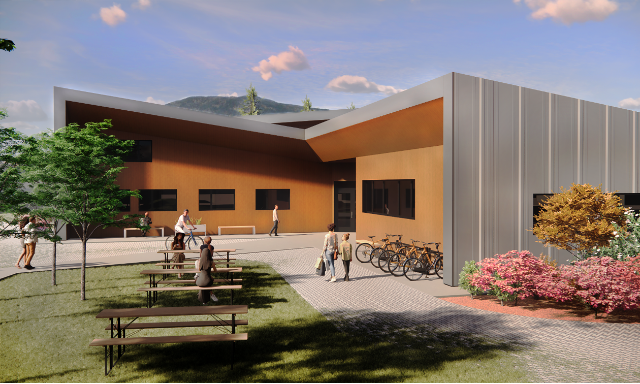 Image rendering of the Castlegar Confluence of Tourism and Economic Development shows gray walls with some wooden siding. 
