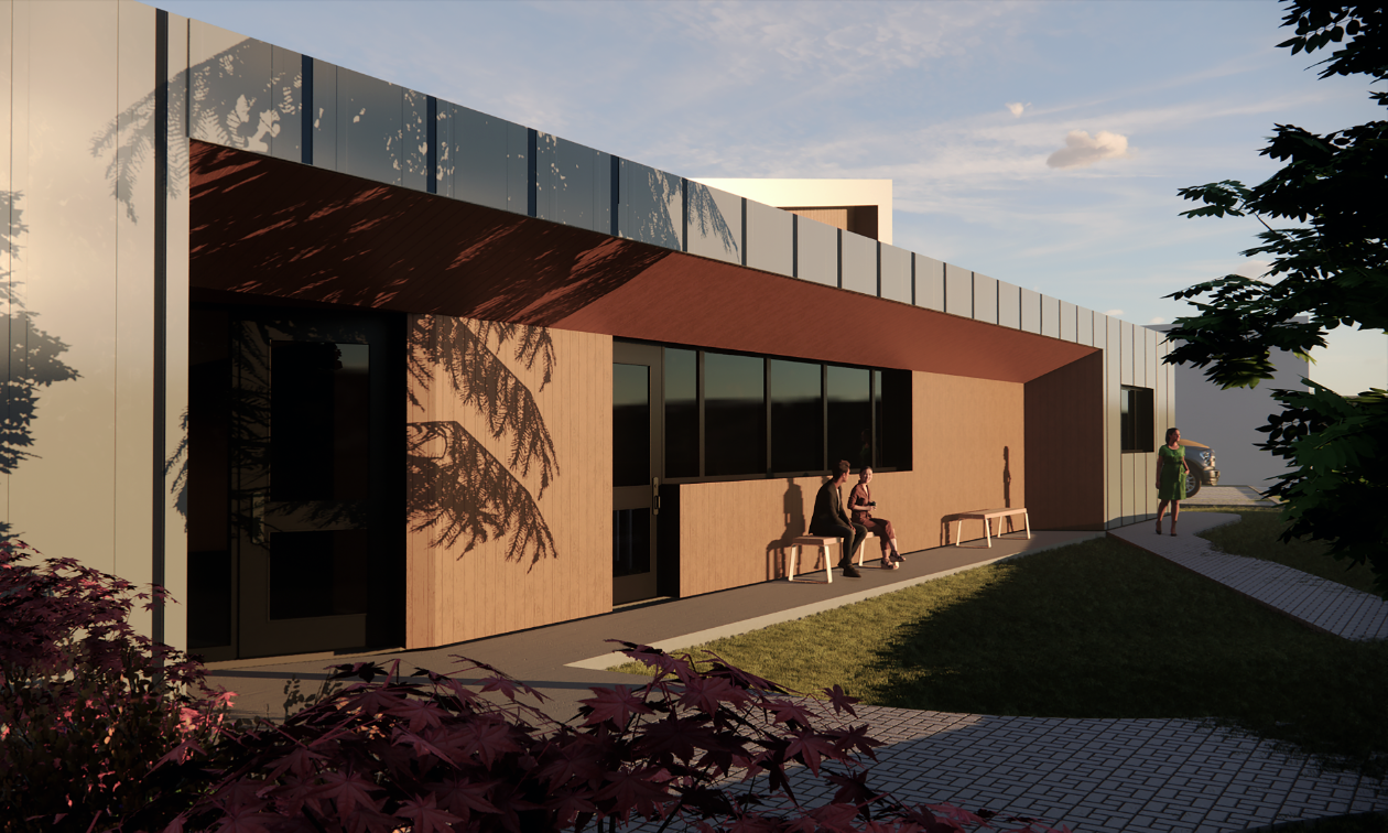 Image rendering of the Castlegar Confluence of Tourism and Economic Development shows a beige wall with park benches where two people are sitting. 