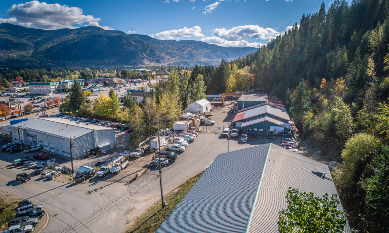 Martech’s head office in Castlegar is set in a valley with several large buildings. 