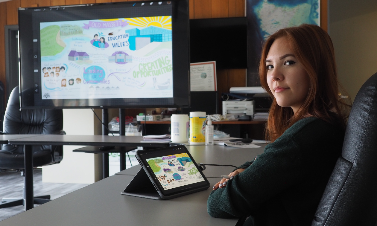 Elena Sterritt sits at a desk in front of several monitors showing off a presentation.