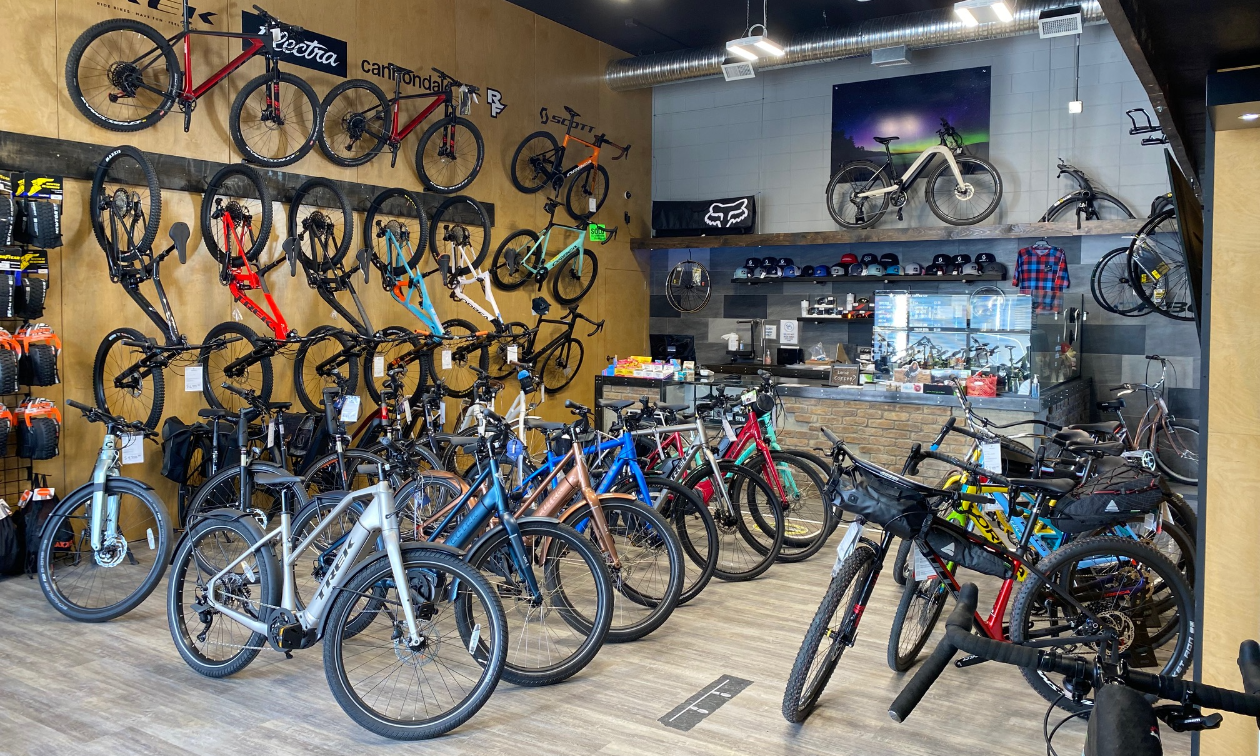 A line of bicycles inside Northstar Bicycle Co. in Cranbrook, B.C.