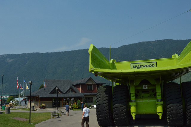 The big green haul truck parked at the Sparwood Chamber of commerce. 