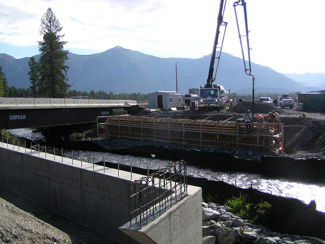 Little Sand Creek Bridge Replacement; placing concrete in the east abutment. The west abutment is already constructed in the foreground.