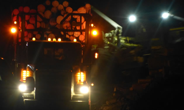 A logging truck getting loaded in the dark. 