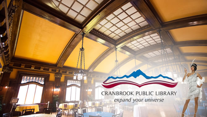 Picture of the inside of the Royal Alexandra Hall and the Cranbrook Public Library logo. 