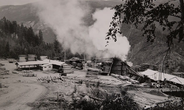 A black and white photo of a sawmill in the bush. 