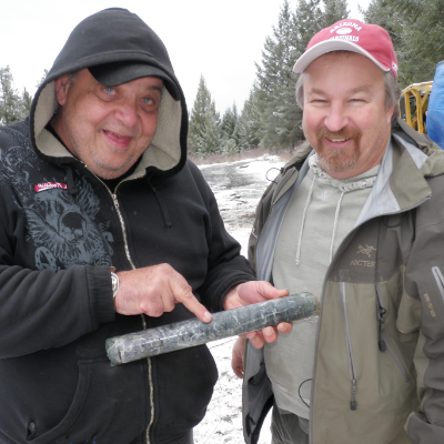 (L to R) Brian Testo and Michael Dufresne of Grizzly Discoveries explore the Robocop project near Roosville, B.C.
