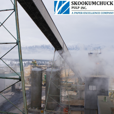 Taken on a cold winter day, this photo shows the wood chip piles in the background. In the centre, we see chlorine dioxide storage towers. Above these is the inclined “long belt,” which transports screened wood chips to the chip bin.