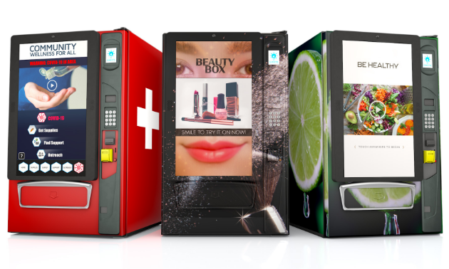 Three colourful vending machines with screens. 