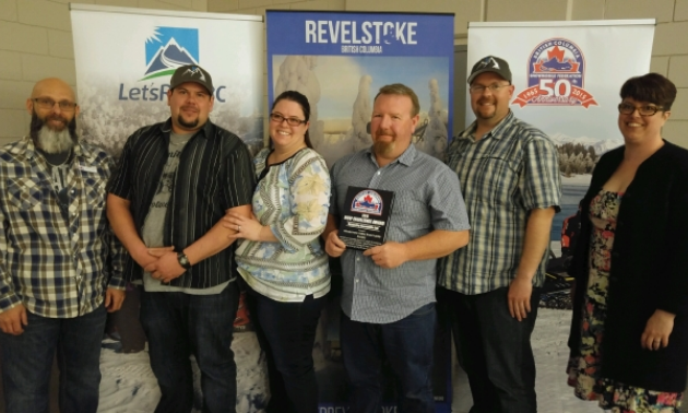 Windermere Valley Snowmobile Society was named outstanding club of the year for all of Western Canada by the British Columbia Snowmobile Federation (BCSF). (L to R) BCSF president Richard Cronier, WVSS VP Rob Chemelli, WVSS secretary Melody Chemelli, WVSS president Gary Prosser, WVSS treasurer Rob McSheffrey and BCSF executive director Donegal Wilson.
