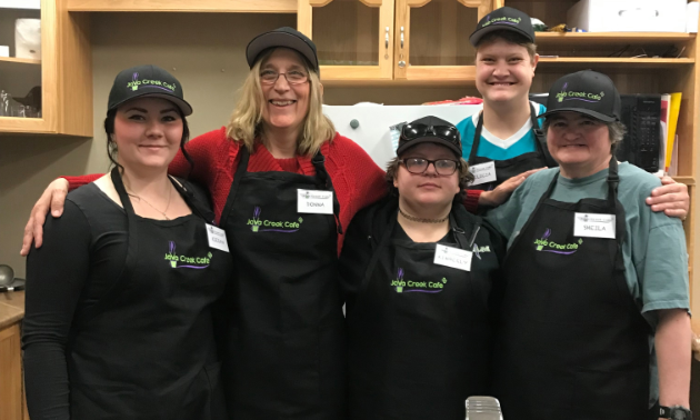 (L to R) Kieran O’Grady, Donna Schwartz, Kimberly Earl, Felicia McKenzie and Sheila Neidig work at Java Creek Café inside Joseph Creek Care Village in Cranbrook.