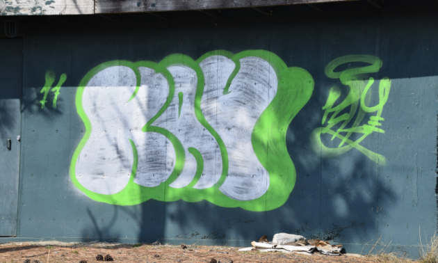 A green and white word is spray painted on a blue wall. 