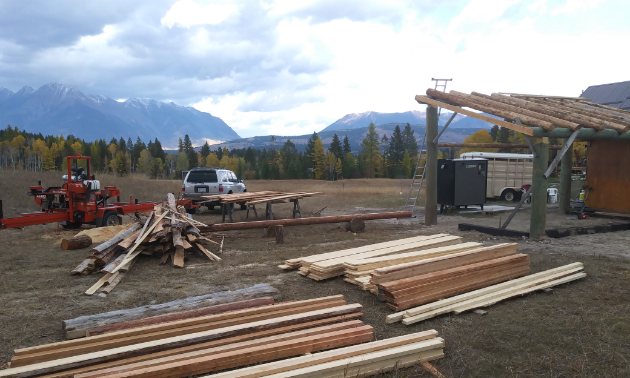 Lumber is organized into stacks in a field