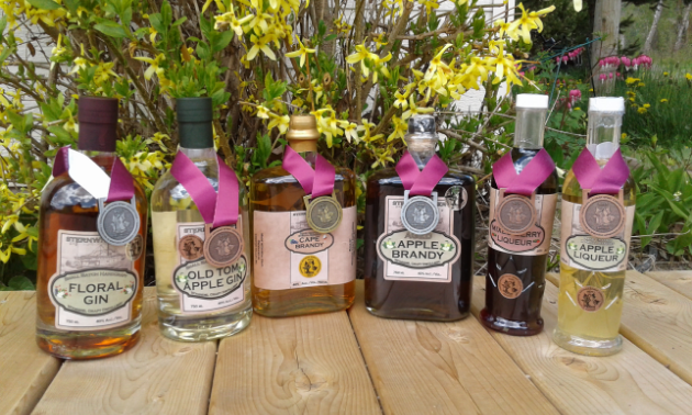 Medals adorn six bottles of spirits on a patio table. 