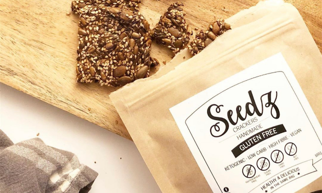 Packaging and product of Seedz Crackers. 
