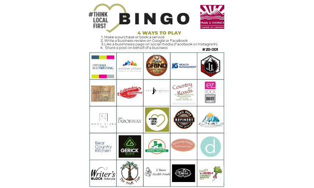 A bingo card with a list of businesses.