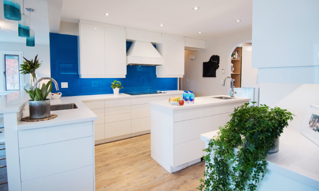 A blue and white kitchen
