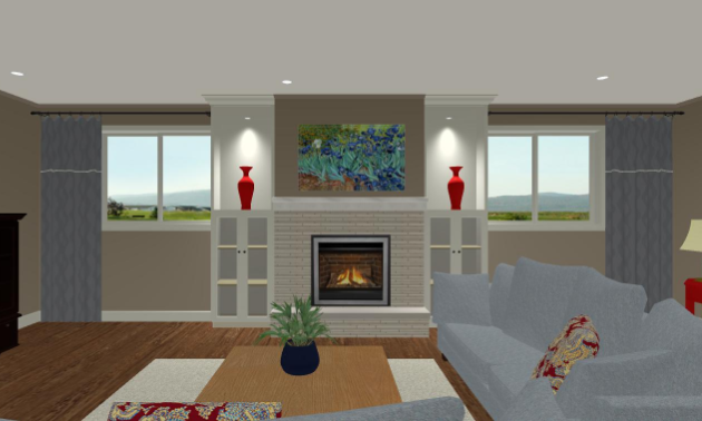 A computer-generated image of a living room