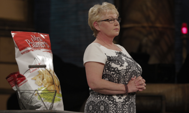 Brenda Palmer brought a giant bag of Mrs. Palmer’s Pita Chips to showcase her product to the dragons. 