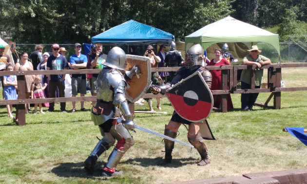 Two combatants duke it out in the fenced-in battle arena.