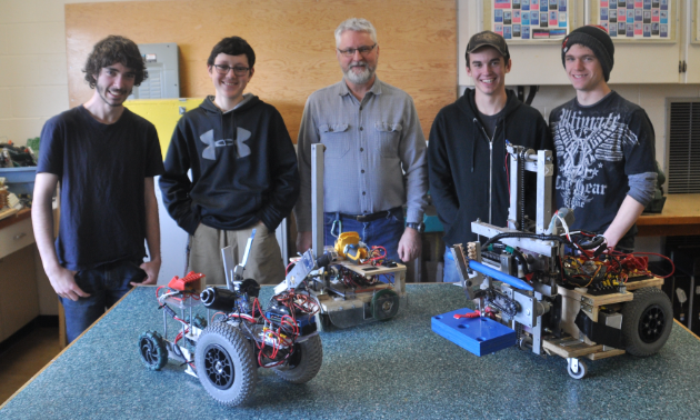 The Mount Baker Secondary School robotics program consists of (L to R) Dominic Lucas, Cesar Garcia Moreno, instructor Bill Walker, Thomas Keene and Ryley Holliday.