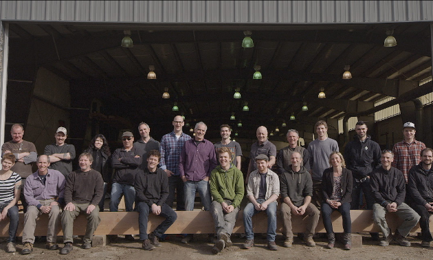 A staff photo of Spearhead Timberworks staff at the their production facility located at 4655 HIghway 3A 