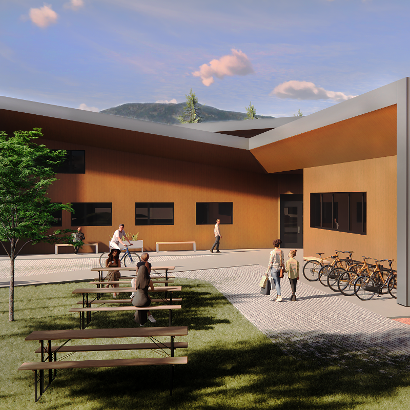 Image rendering of the Castlegar Confluence of Tourism and Economic Development shows gray walls with some wooden siding. 