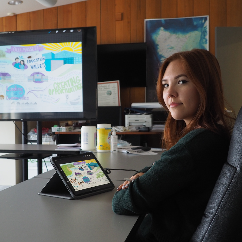 Elena Sterritt sits at a desk in front of several monitors showing off a presentation.