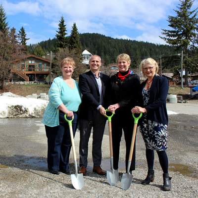 From left: Jan Morton (president, Lower Columbia Affordable Housing Society), Johnny Strilaeff (CEO, Columbia Basin Trust), Minister of Children and Family Development and MLA for Kootenay West Katrine Conroy and Mayor of Rossland Kathy Moore break ground at a new affordable housing development in Rossland on May 1, 2018.