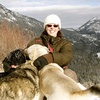 Amanda sits on snowy ground with mountains behind and plays with a group of dogs.
