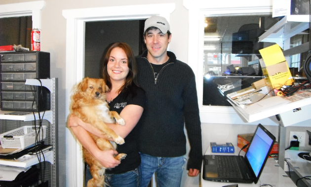 Reny Kitto and Carlie Wilkinson share their space at Arkay Computers in Nakusp with a pampered pooch.

