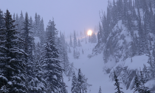 That’s not the sunrise coming over the mountain—that’s avalanche control being carried out by a Gazex exploder detonating at Kootenay Pass.