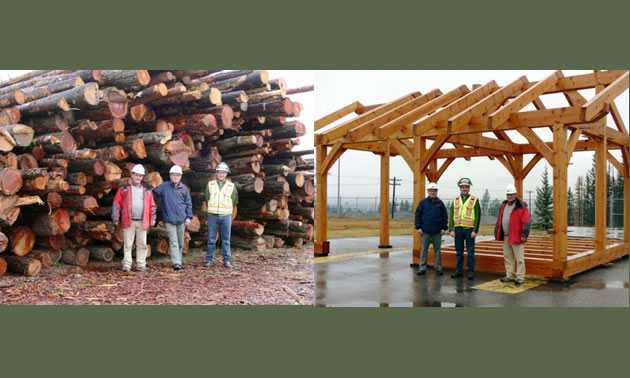 Photo of three men standing in front of a log pile and timber structure