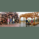 Photo of three men standing in front of a log pile and timber structure
