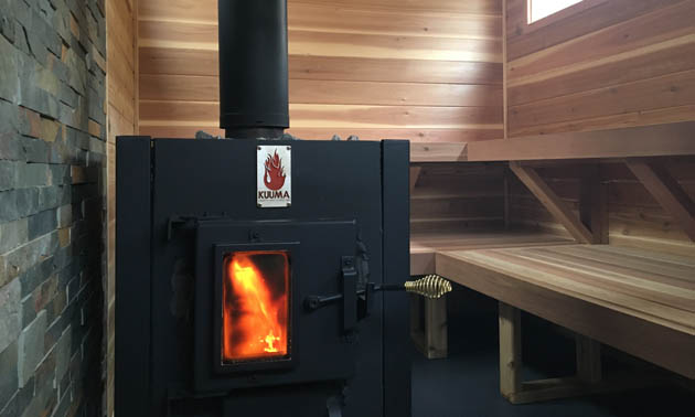 Wood stove in sauna. 