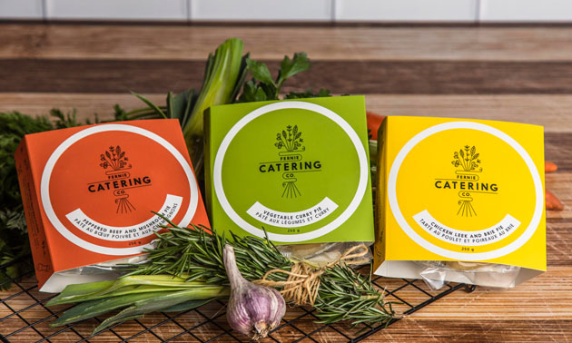 Three packages of savoury pies from the Fernie Catering Co. 