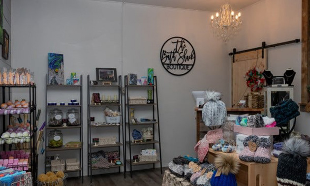 Interior photo of the Bath Shack, showing items on display. 