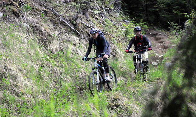 A couple of mountain bikers head down a winding trail.