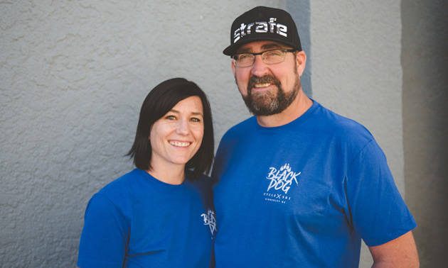 Shown are Angela and Perry Symes, who opened Black Dog Cycle and Ski in Kimberley's Platzl this summer.