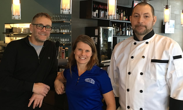 (L to R) Claude and Lillis Perreault and Fredrik Bergkvist are partner-owners of the Bridge Bistro in Fernie, B.C. 