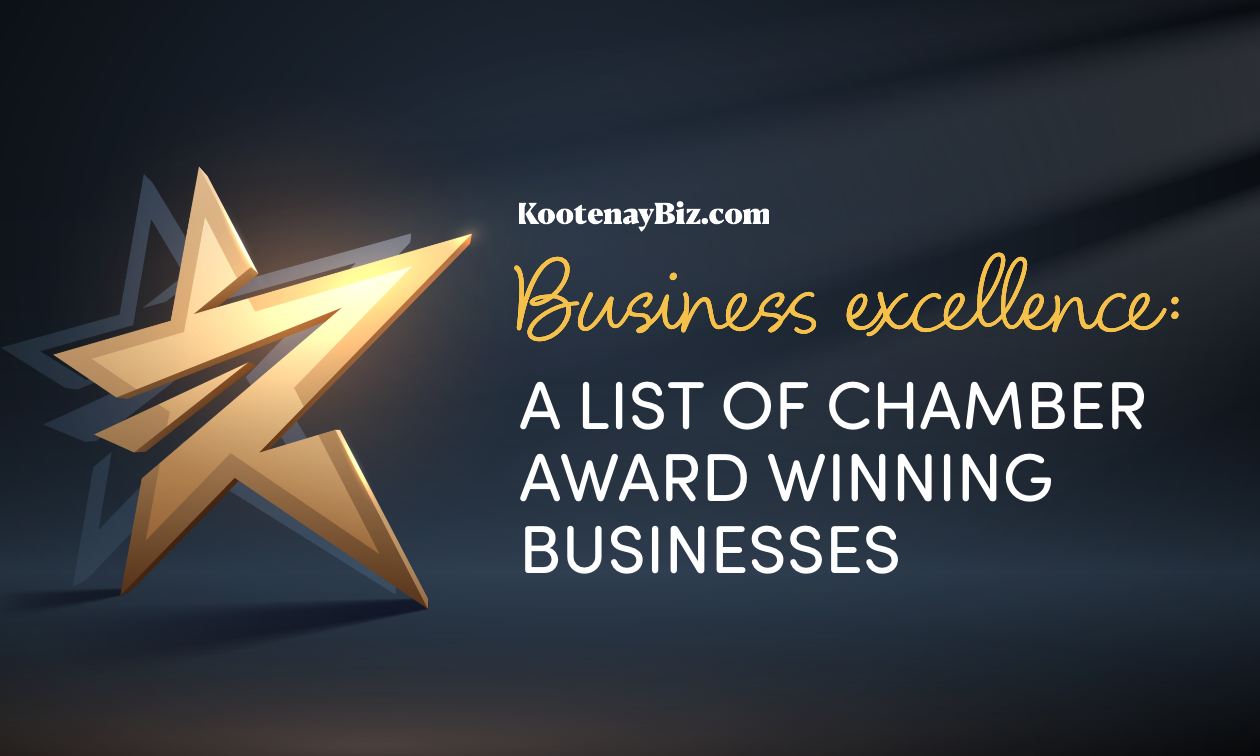 Business Excellence: A list of award-winning chambers text, with stylized golden star on dark background. 