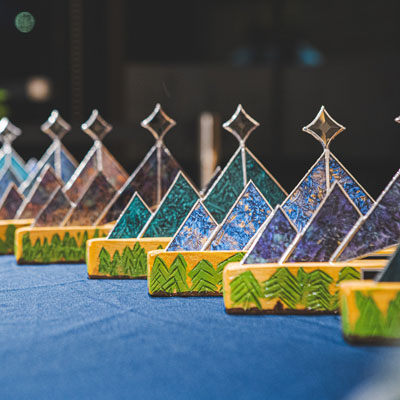 Row of Business Awards, with stained glass star-shaped tops and wooden bases. 