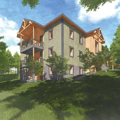 A conceptual drawing of one of five buildings that will make up the new College of the Rockies residence facility.