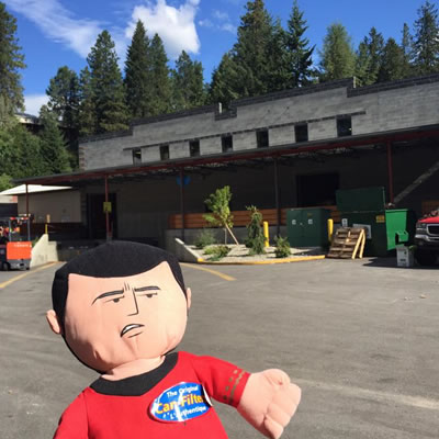 The Can-Filters mascot appears in front of their Six Mile location north of Nelson