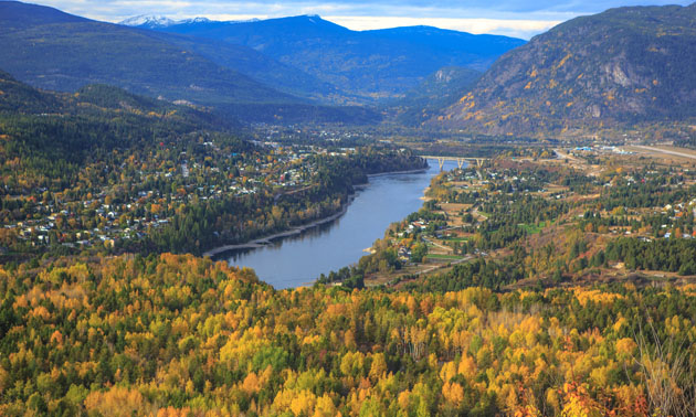 Aerial view of Castlegar in autumn. 