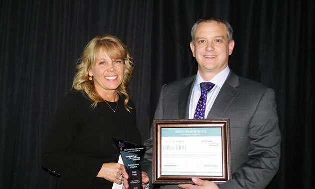 Chris Thom of Dunlop Truck Centre is presented with the Business Person of the Year award at the Cranbrook Chamber of Commerce Award night.