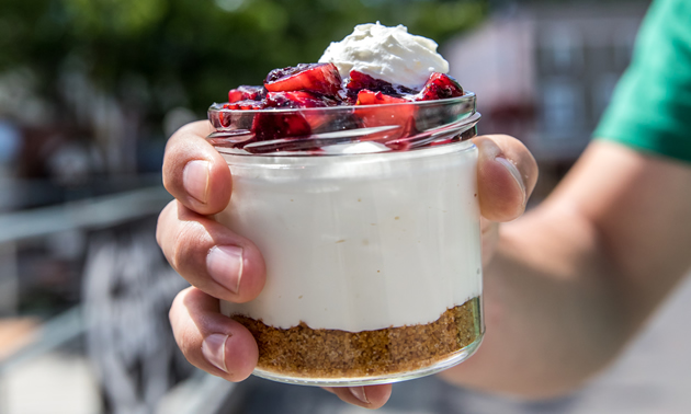 Berry-topped cheesecake in a jam jar