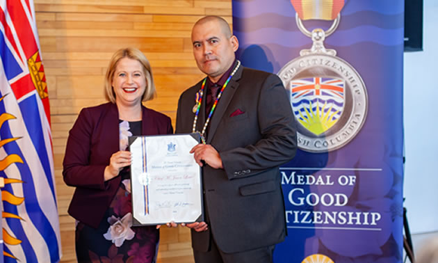 Lower Kootenay Band Chief Jason Louie receives the BC Medal of Good Citizenship. 