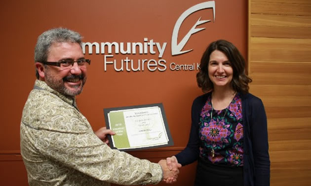 Community Futures Central Kootenay Volunteer of the Year, Chris Bell and CFCK Executive Director, Andrea Wilkey.